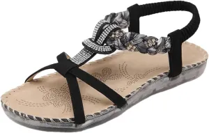 Womens Buckle Strap Back Strap Flat Heel Open Side Vamp Gladiator Sandals PU Upper Rhinestone Bohemian Ethnic Beach Casual Sandals