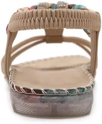 Womens Buckle Strap Back Strap Flat Heel Open Side Vamp Gladiator Sandals PU Upper Rhinestone Bohemian Ethnic Beach Casual Sandals