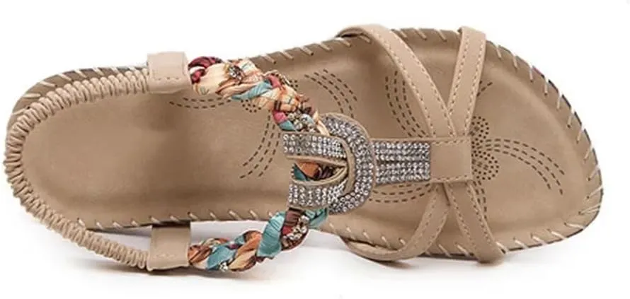 Womens Buckle Strap Back Strap Flat Heel Open Side Vamp Gladiator Sandals PU Upper Rhinestone Bohemian Ethnic Beach Casual Sandals