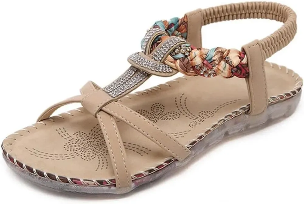 Womens Buckle Strap Back Strap Flat Heel Open Side Vamp Gladiator Sandals PU Upper Rhinestone Bohemian Ethnic Beach Casual Sandals