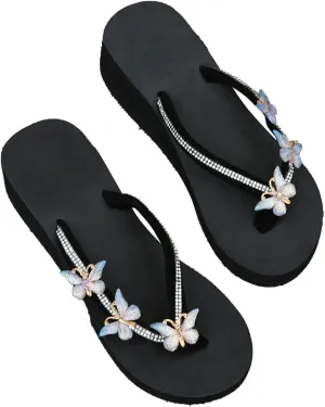 Womens Butterfly Rhinestone Flip Flop Sandals Summer Casual Thong Strap Clip Toe Wedge Heel Platform Slipper Comfortable Slip-on Beach Shoes