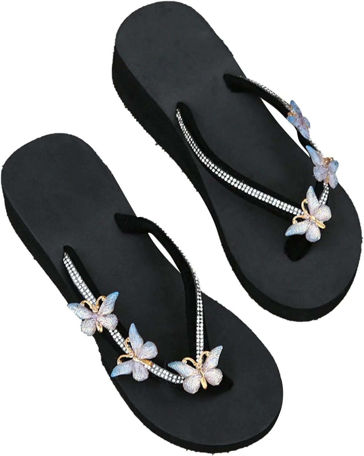 Womens Butterfly Rhinestone Flip Flop Sandals Summer Casual Thong Strap Clip Toe Wedge Heel Platform Slipper Comfortable Slip-on Beach Shoes