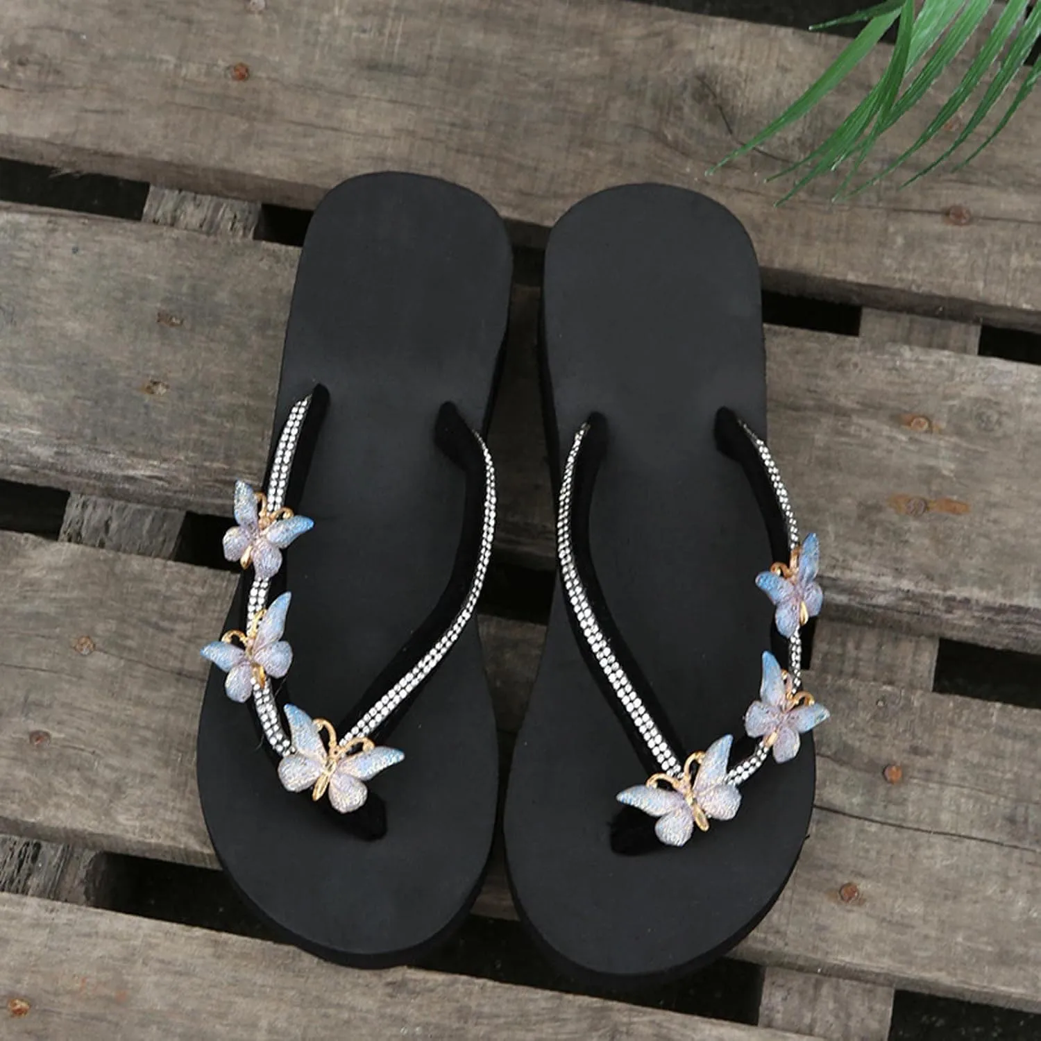 Womens Butterfly Rhinestone Flip Flop Sandals Summer Casual Thong Strap Clip Toe Wedge Heel Platform Slipper Comfortable Slip-on Beach Shoes