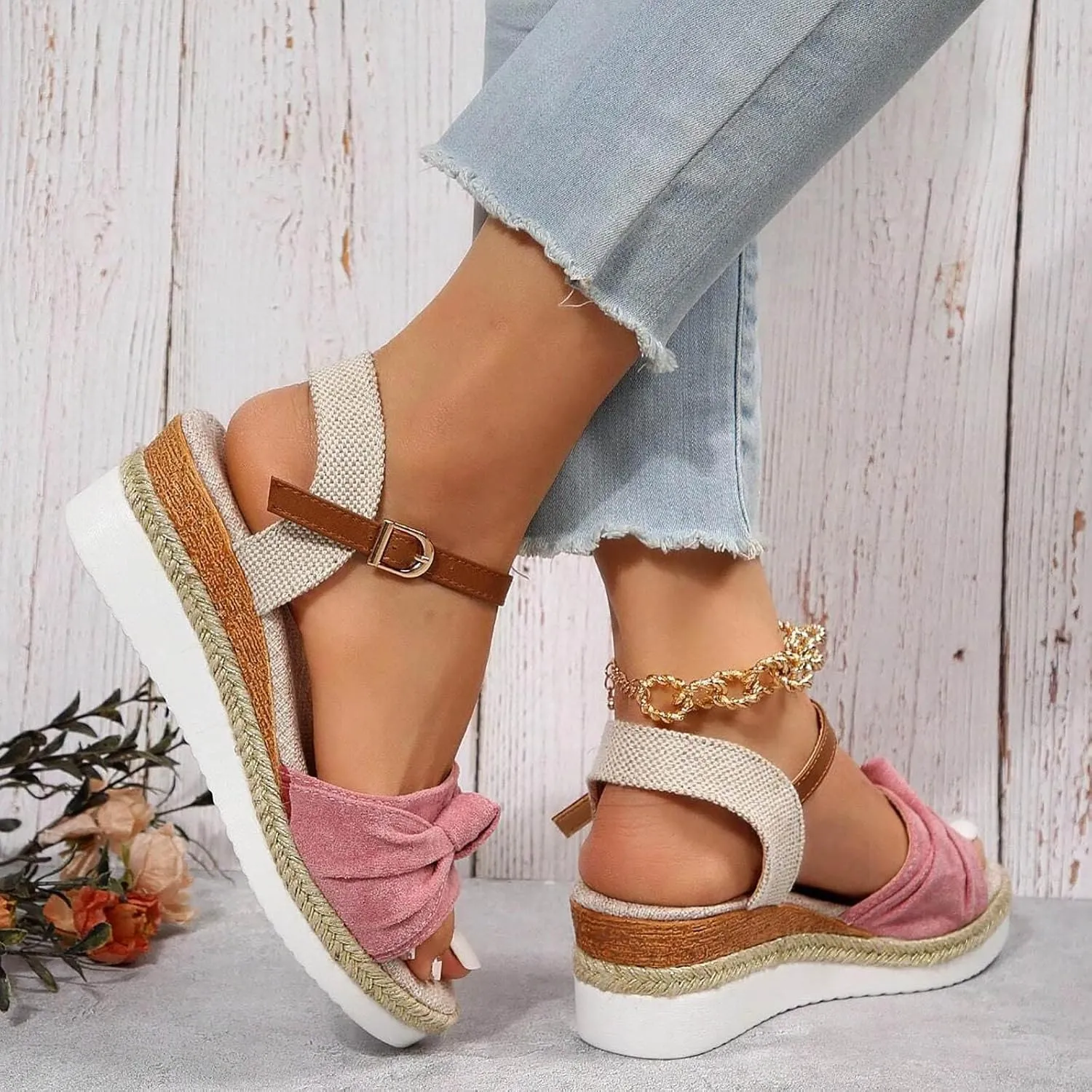 Women's Comfort Orthopedic Sandals: Open Toe Espadrille Wedge Sandals for Women Platform Ankle Strap High Heels Summer Beach Walking Casual Flats Shoes