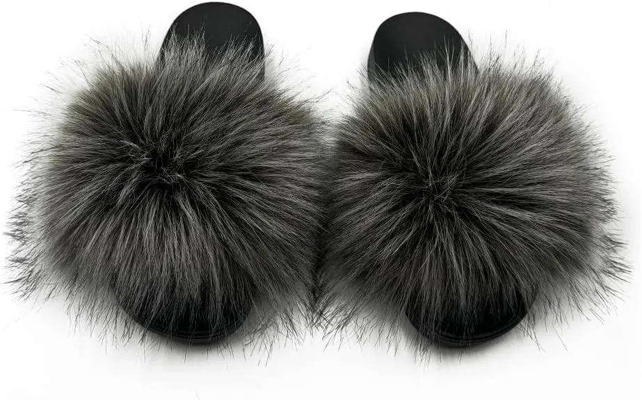 Women's Faux Fur Slides Slippers Fluffy Fuzzy Sandals Open Toe Furry Slide Flip Flop Indoor Outdoor