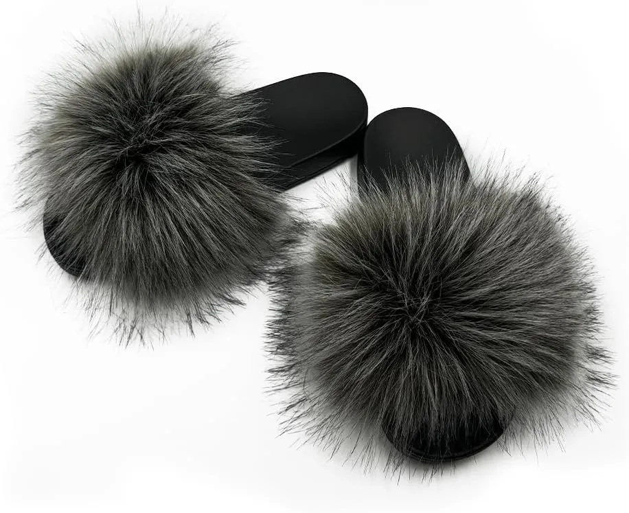 Women's Faux Fur Slides Slippers Fluffy Fuzzy Sandals Open Toe Furry Slide Flip Flop Indoor Outdoor