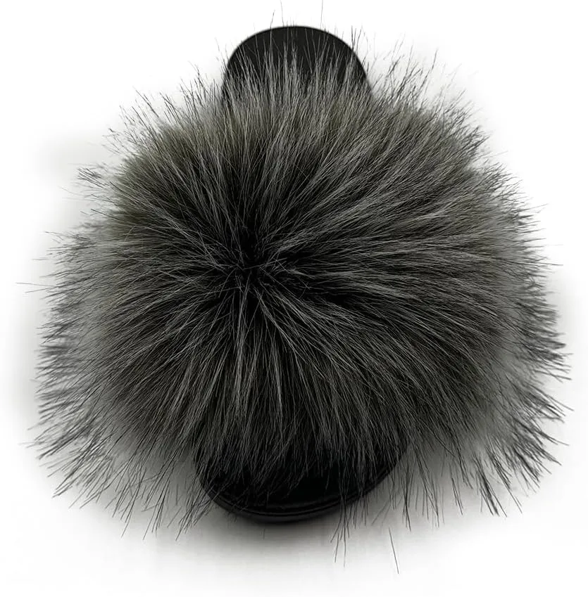 Women's Faux Fur Slides Slippers Fluffy Fuzzy Sandals Open Toe Furry Slide Flip Flop Indoor Outdoor