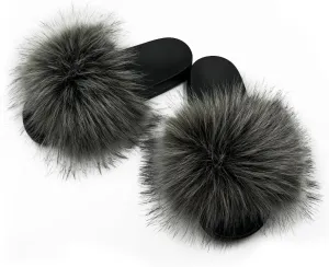 Women's Faux Fur Slides Slippers Fluffy Fuzzy Sandals Open Toe Furry Slide Flip Flop Indoor Outdoor