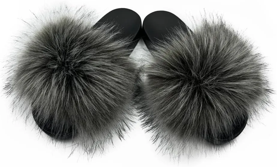 Women's Faux Fur Slides Slippers Fluffy Fuzzy Sandals Open Toe Furry Slide Flip Flop Indoor Outdoor