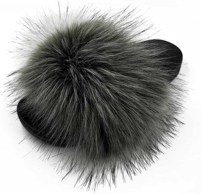 Women's Faux Fur Slides Slippers Fluffy Fuzzy Sandals Open Toe Furry Slide Flip Flop Indoor Outdoor