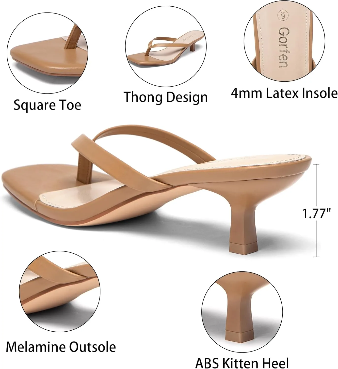 Women's Kitten Heel Sandals Square Toe Slip-On Flip Flop Heels Thong Sandals for Beach Summer