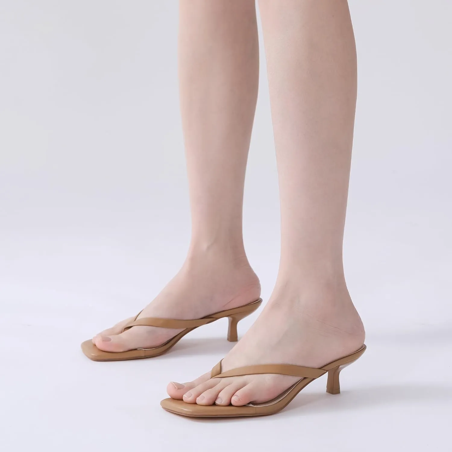 Women's Kitten Heel Sandals Square Toe Slip-On Flip Flop Heels Thong Sandals for Beach Summer