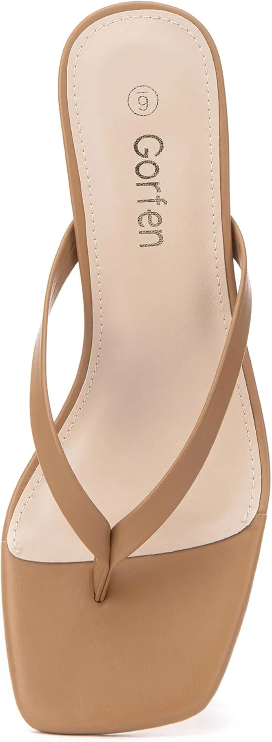 Women's Kitten Heel Sandals Square Toe Slip-On Flip Flop Heels Thong Sandals for Beach Summer