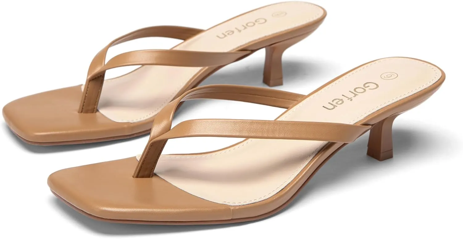 Women's Kitten Heel Sandals Square Toe Slip-On Flip Flop Heels Thong Sandals for Beach Summer