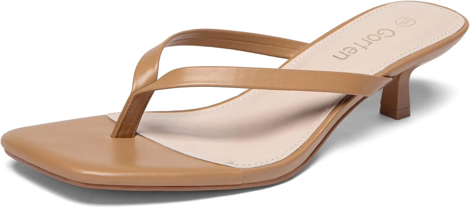 Women's Kitten Heel Sandals Square Toe Slip-On Flip Flop Heels Thong Sandals for Beach Summer