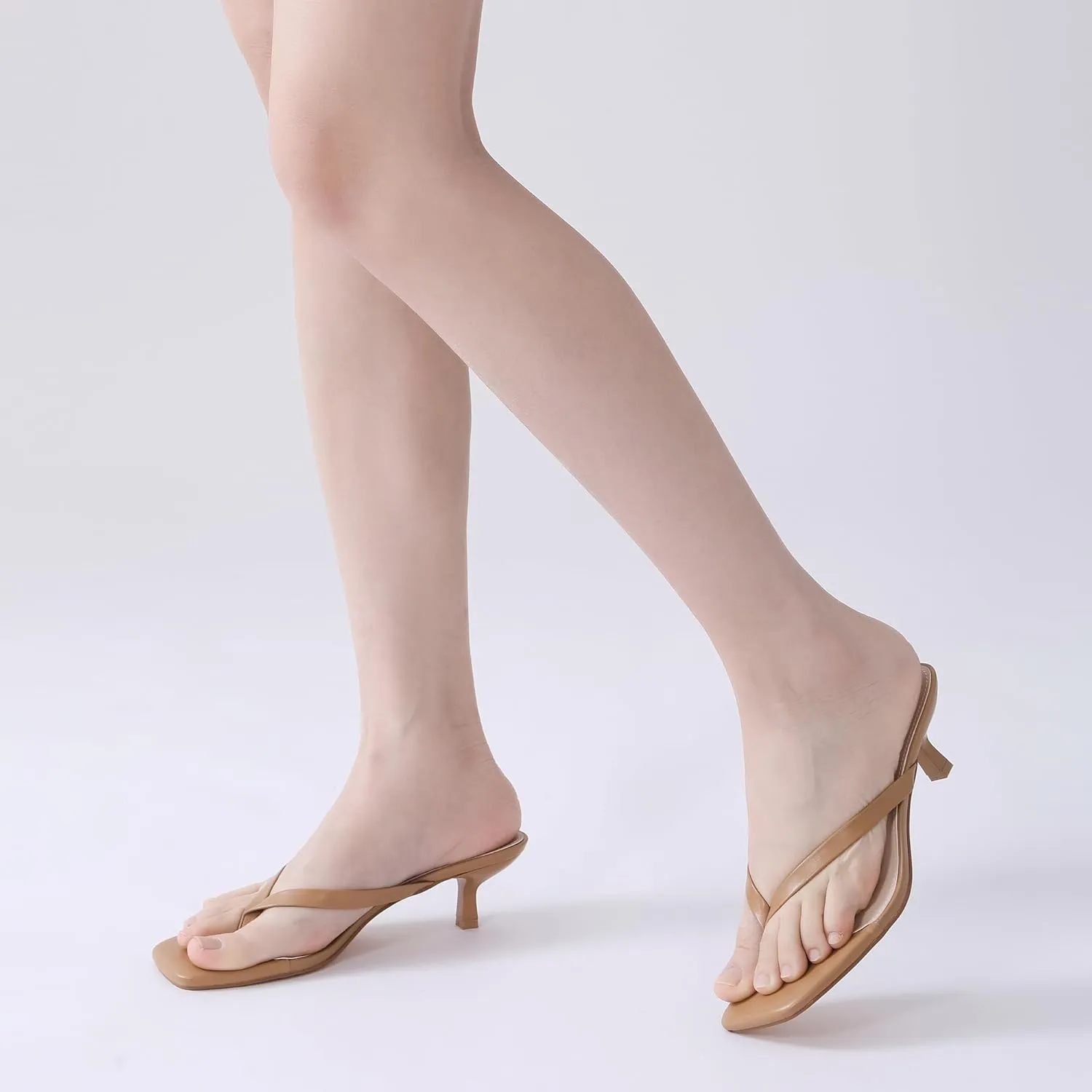 Women's Kitten Heel Sandals Square Toe Slip-On Flip Flop Heels Thong Sandals for Beach Summer