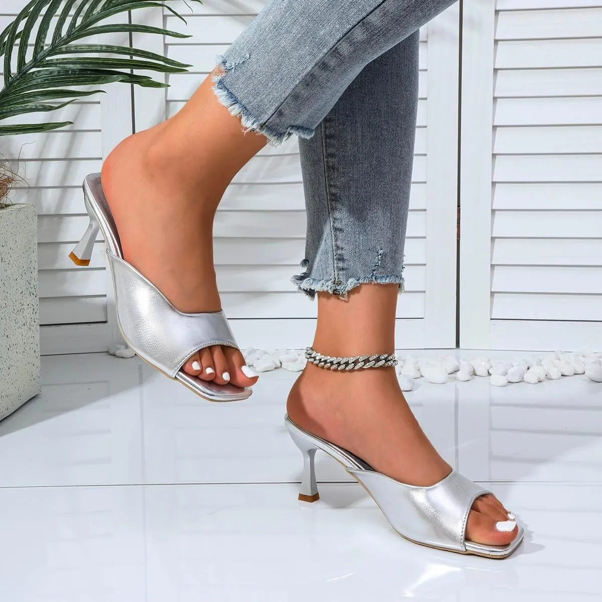 Women's Kitten Heels Sandals Square Open Toe One Band Slip On Mules Slide Comfort Party Dating Daily Vacation Shoes 2.95 Inch