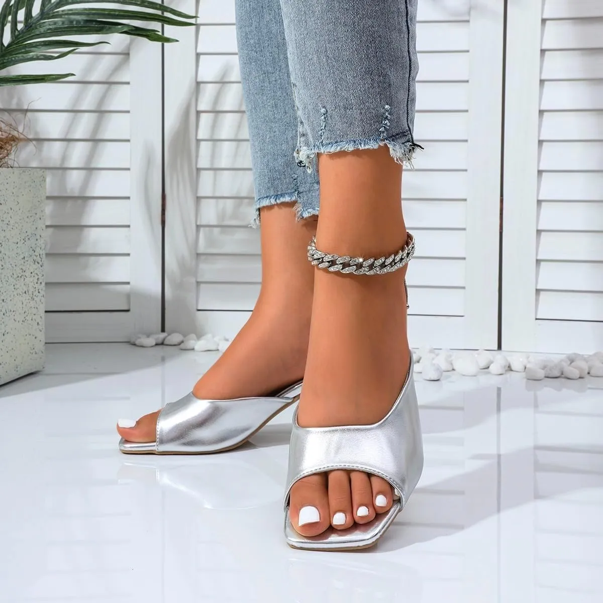 Women's Kitten Heels Sandals Square Open Toe One Band Slip On Mules Slide Comfort Party Dating Daily Vacation Shoes 2.95 Inch