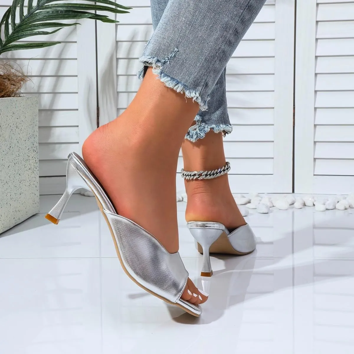 Women's Kitten Heels Sandals Square Open Toe One Band Slip On Mules Slide Comfort Party Dating Daily Vacation Shoes 2.95 Inch