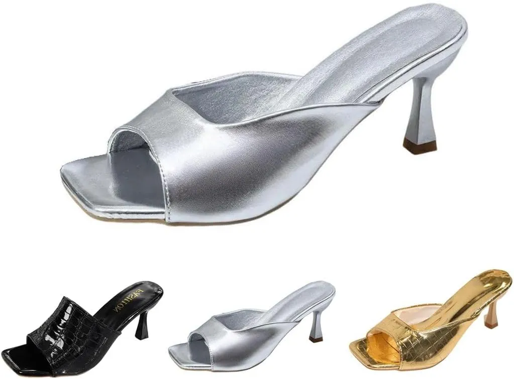 Women's Kitten Heels Sandals Square Open Toe One Band Slip On Mules Slide Comfort Party Dating Daily Vacation Shoes 2.95 Inch