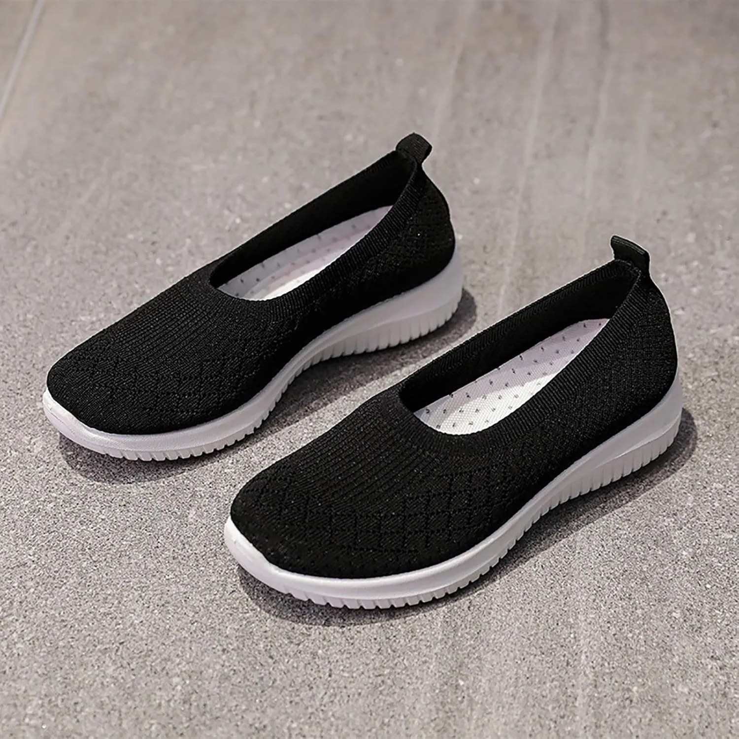Women’s Knitted Flat Walking Shoes Comfortable Slip On Mesh Lightweight Low Heel Sneakers Casual Soft Gym Nurse Work Mom Loafers