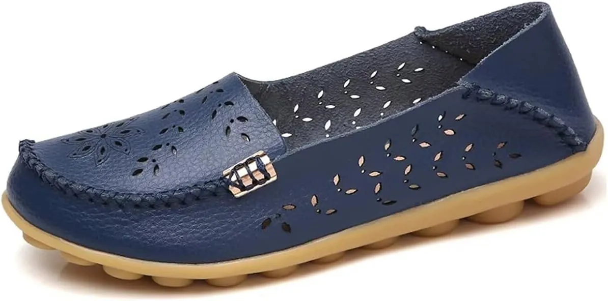 Women's Leather Casual Slipper Loafers Moccasins Driving Shoes Flat Slip-Ons