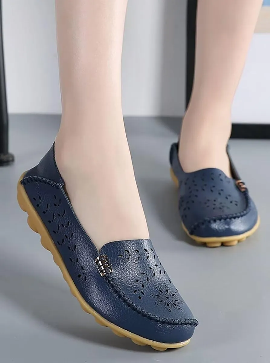Women's Leather Casual Slipper Loafers Moccasins Driving Shoes Flat Slip-Ons