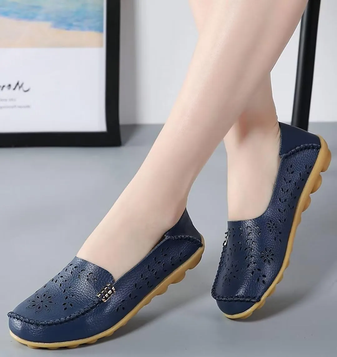 Women's Leather Casual Slipper Loafers Moccasins Driving Shoes Flat Slip-Ons