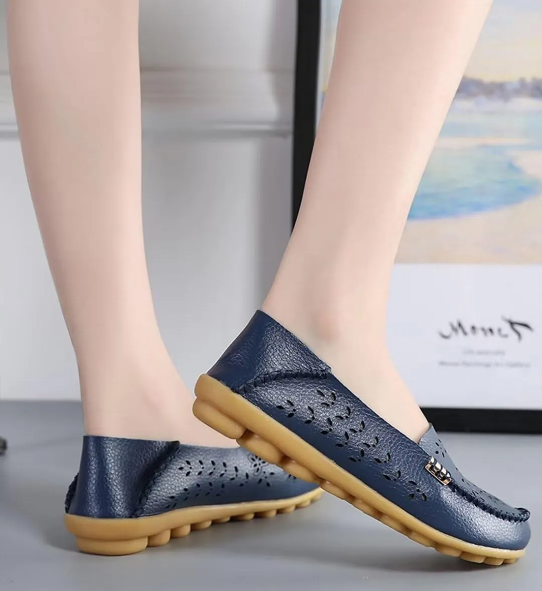 Women's Leather Casual Slipper Loafers Moccasins Driving Shoes Flat Slip-Ons