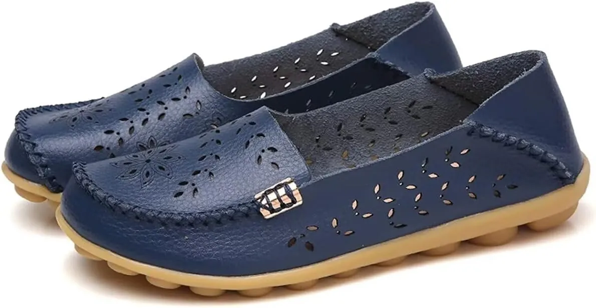 Women's Leather Casual Slipper Loafers Moccasins Driving Shoes Flat Slip-Ons