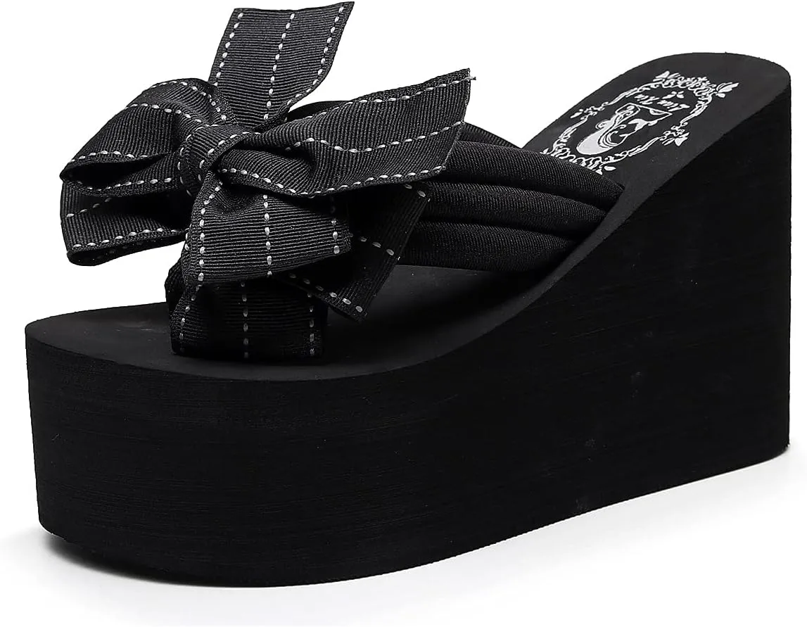 Womens Platform Flip Flops Gothic Sandals For Women Chunky High Heel Flip Flop Goth Wedge Slippers With Bowknot