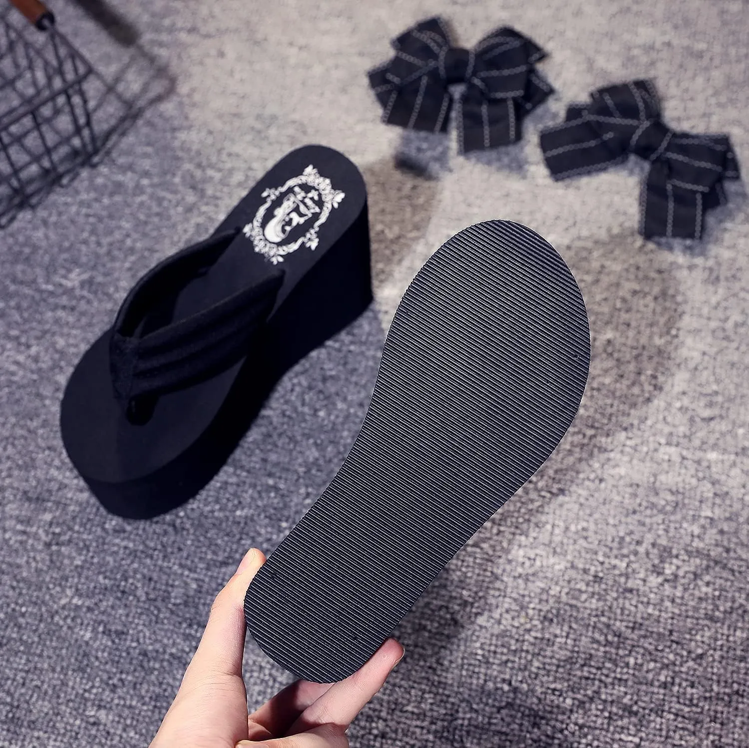 Womens Platform Flip Flops Gothic Sandals For Women Chunky High Heel Flip Flop Goth Wedge Slippers With Bowknot