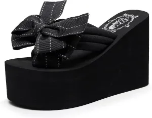 Womens Platform Flip Flops Gothic Sandals For Women Chunky High Heel Flip Flop Goth Wedge Slippers With Bowknot