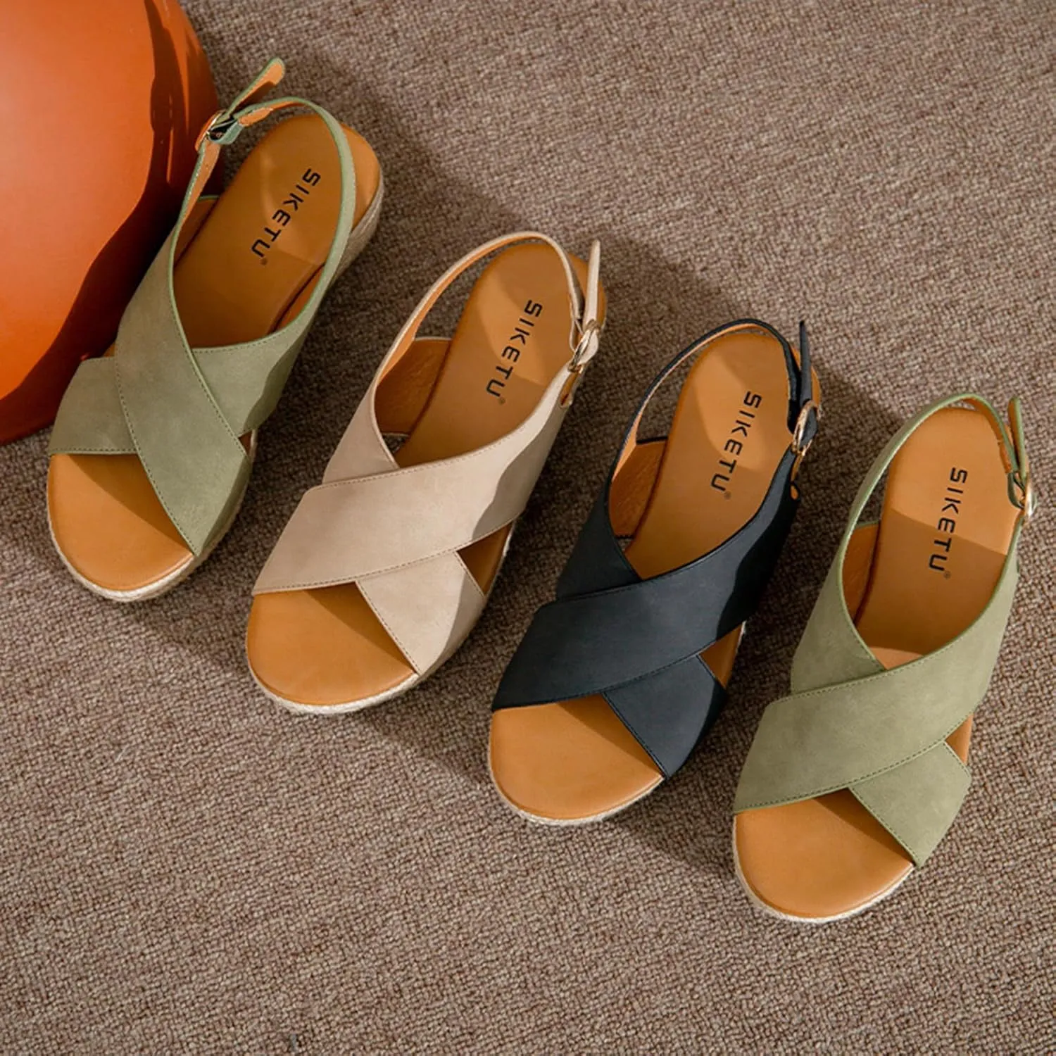 Women's Platform Sandals Non Slip Flatform Sandals Fashion Cross Belt Open Toe Summer Shoes with Adjustable Ankle Strap Metal Buckle Slingback Beach Walking Shoes for Women