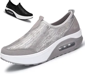 Womens Platform Sneakers Comfort Air Fashion Wedge Slip on Loafer Walking Shoes with Arch Support,Comfortable Casual Stretch Toning Rocker Shoes