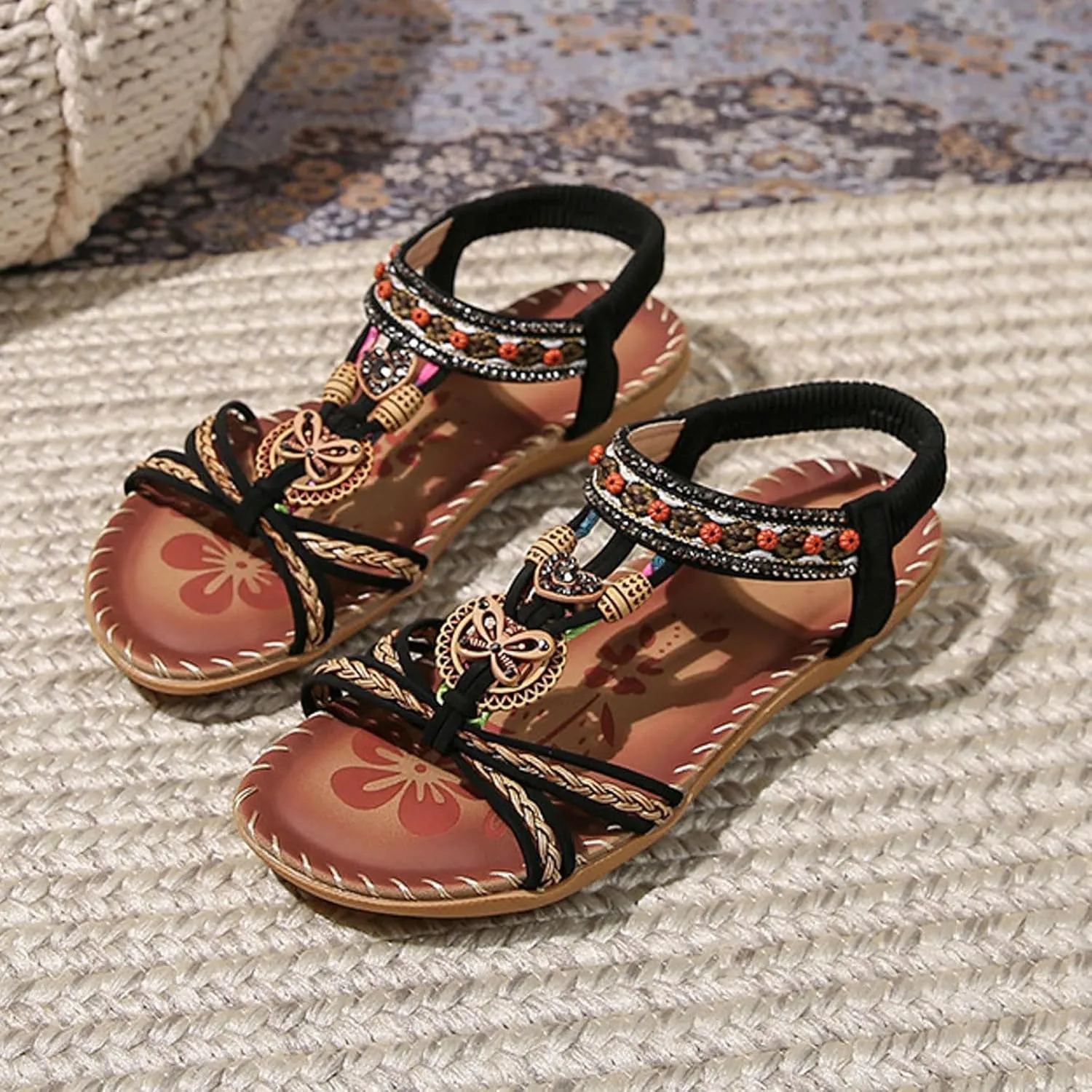 Womens Sandals Comfortable Dressy,Retro Braided Rope Flats Shoes Arch Support Beach Sandals Slip On Walking Sandals