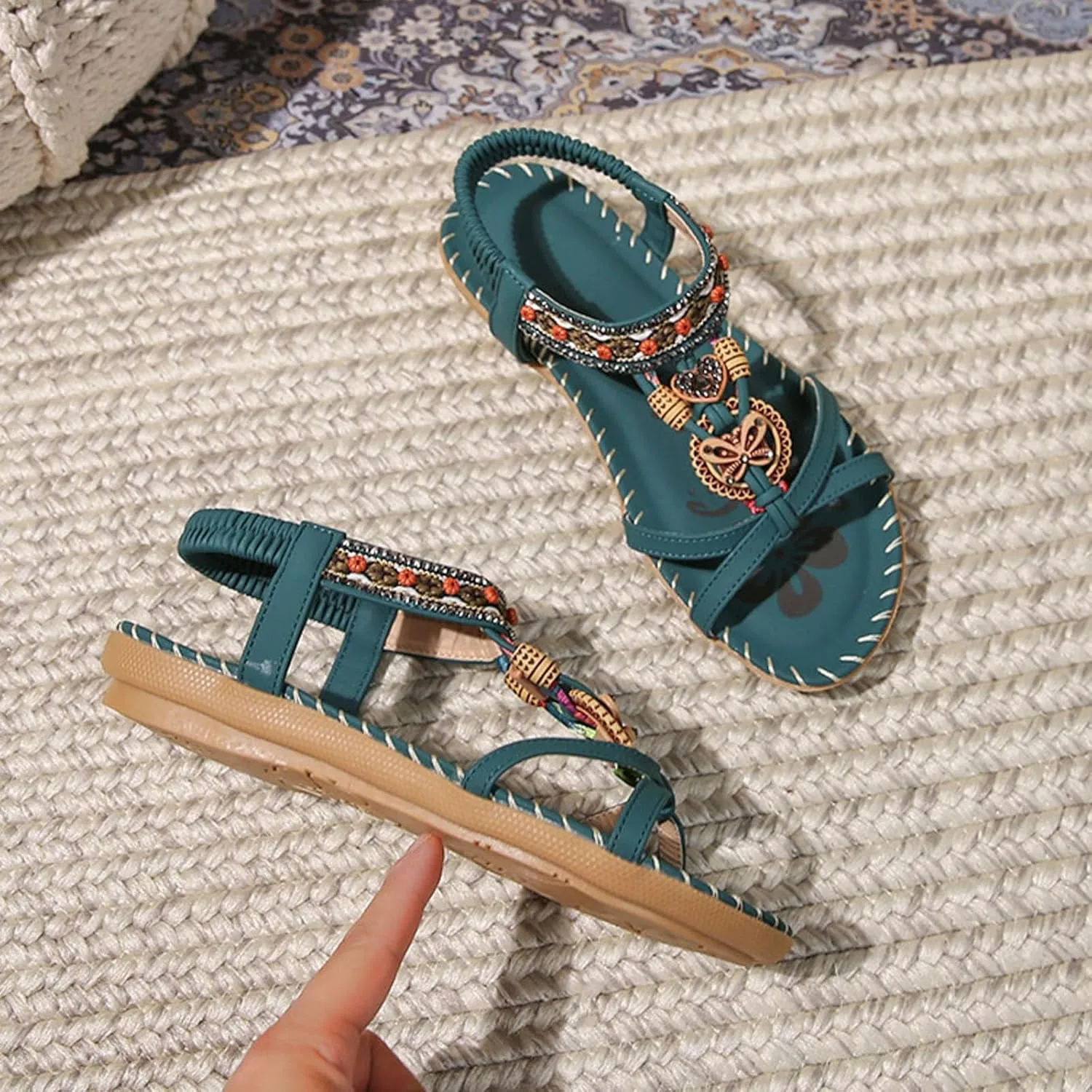 Womens Sandals Comfortable Dressy,Retro Braided Rope Flats Shoes Arch Support Beach Sandals Slip On Walking Sandals