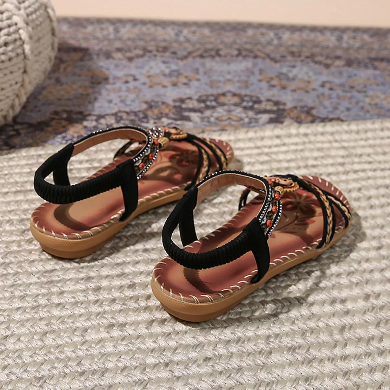 Womens Sandals Comfortable Dressy,Retro Braided Rope Flats Shoes Arch Support Beach Sandals Slip On Walking Sandals