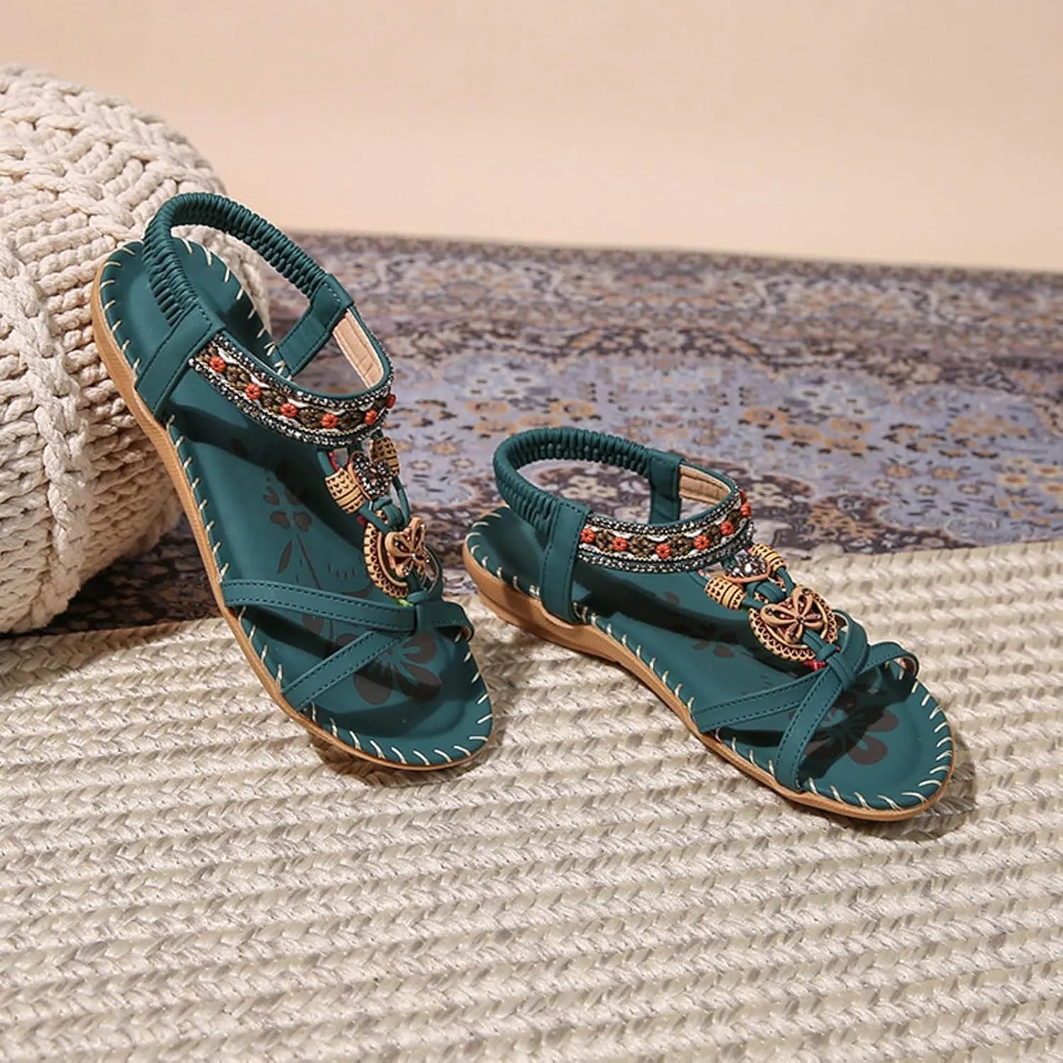 Womens Sandals Comfortable Dressy,Retro Braided Rope Flats Shoes Arch Support Beach Sandals Slip On Walking Sandals