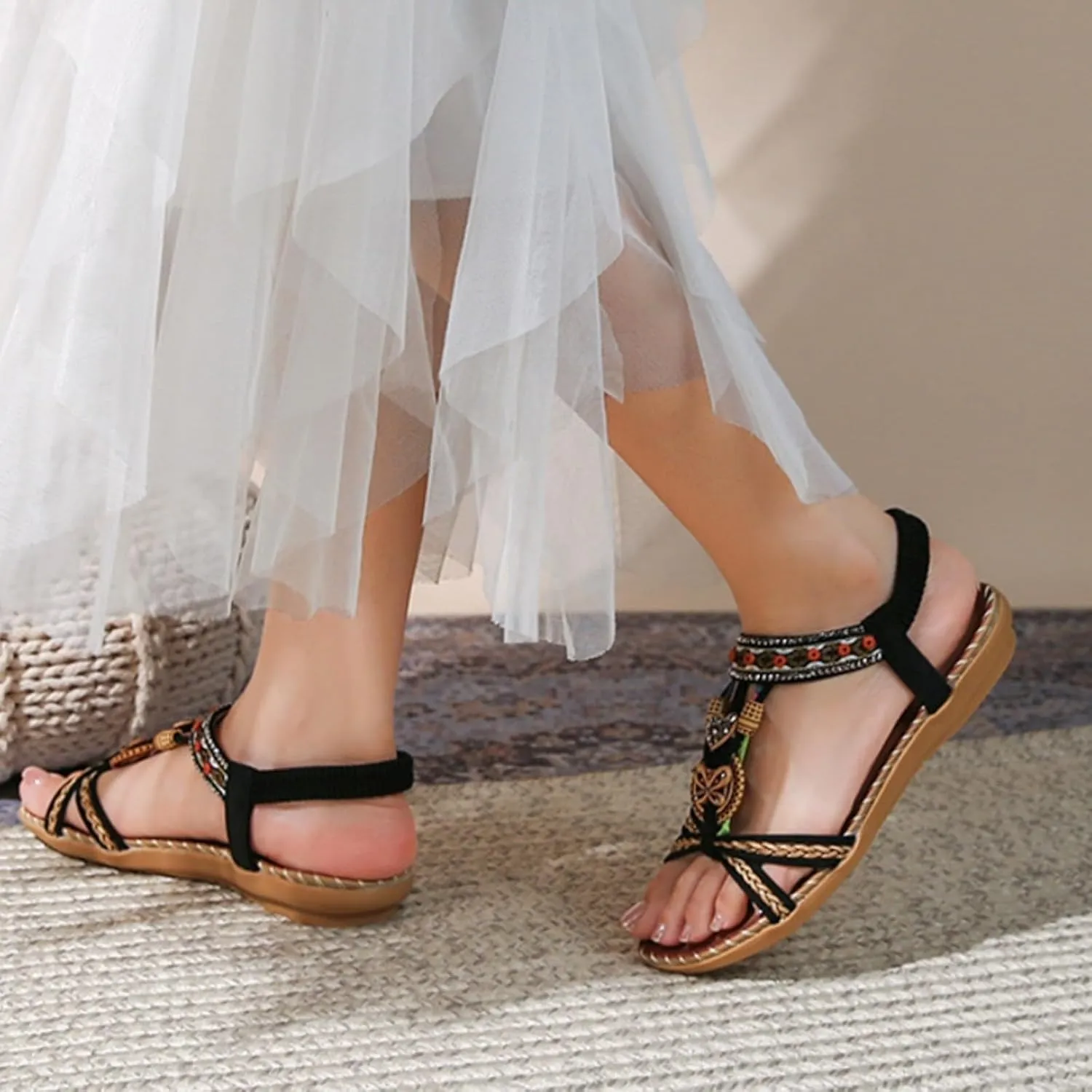 Womens Sandals Comfortable Dressy,Retro Braided Rope Flats Shoes Arch Support Beach Sandals Slip On Walking Sandals