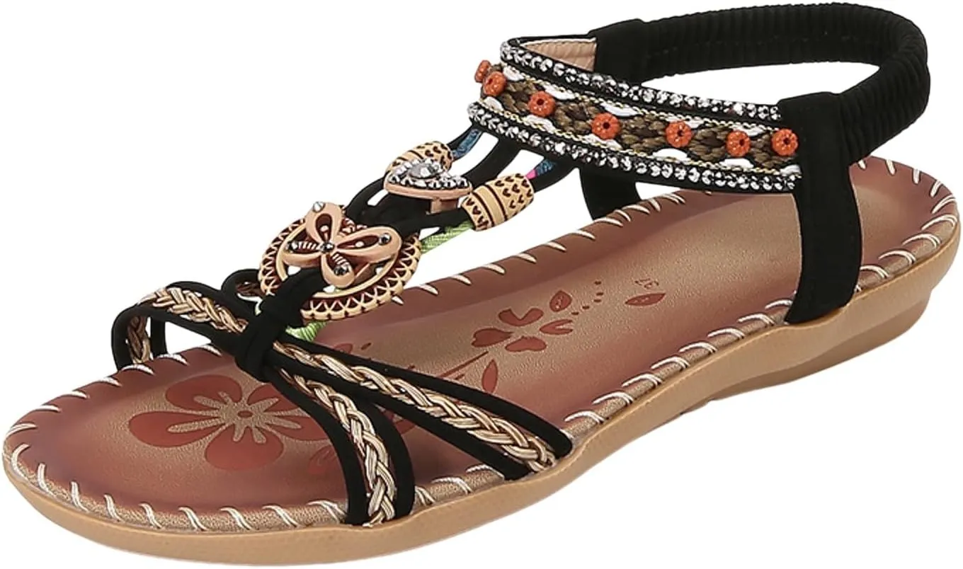 Womens Sandals Comfortable Dressy,Retro Braided Rope Flats Shoes Arch Support Beach Sandals Slip On Walking Sandals