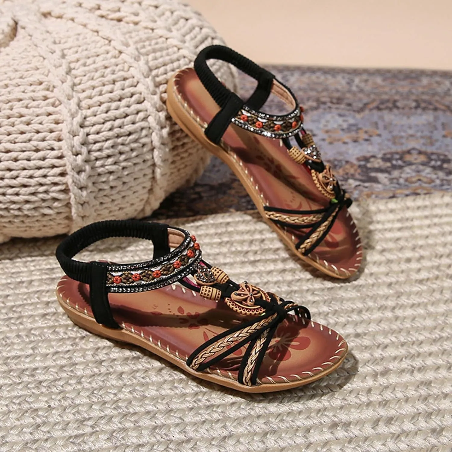 Womens Sandals Comfortable Dressy,Retro Braided Rope Flats Shoes Arch Support Beach Sandals Slip On Walking Sandals