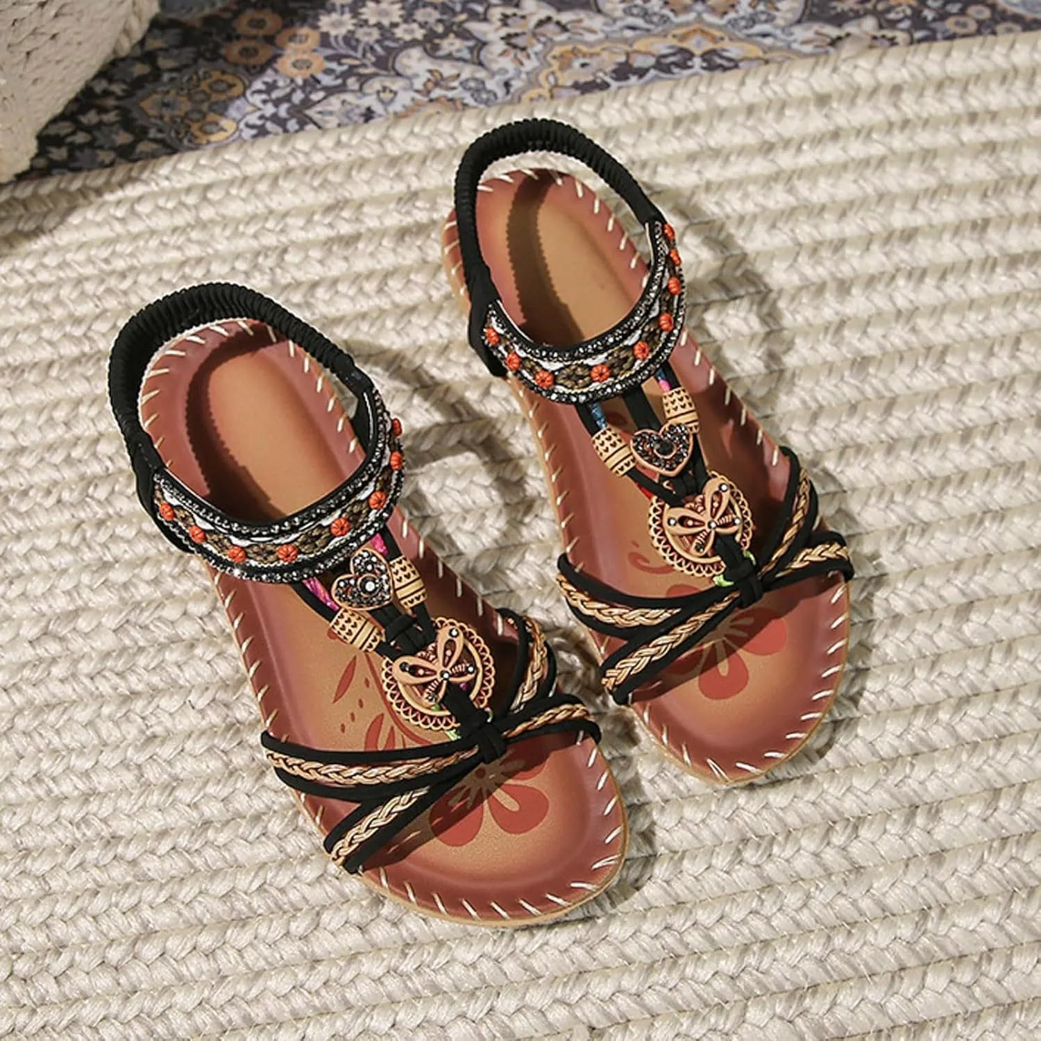 Womens Sandals Comfortable Dressy,Retro Braided Rope Flats Shoes Arch Support Beach Sandals Slip On Walking Sandals