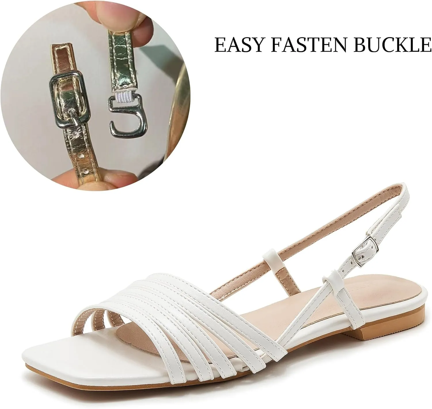 Women's Slingback Flats Sandals Open Square Toe Adjustable Ankle Strap Gladiator Flat-Sandal Summer Dresssy Cute Low Heel Shoes