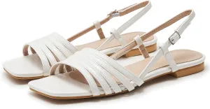 Women's Slingback Flats Sandals Open Square Toe Adjustable Ankle Strap Gladiator Flat-Sandal Summer Dresssy Cute Low Heel Shoes