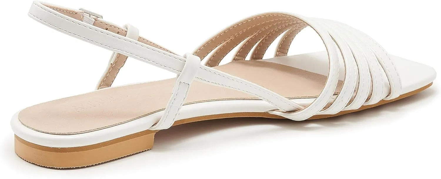 Women's Slingback Flats Sandals Open Square Toe Adjustable Ankle Strap Gladiator Flat-Sandal Summer Dresssy Cute Low Heel Shoes