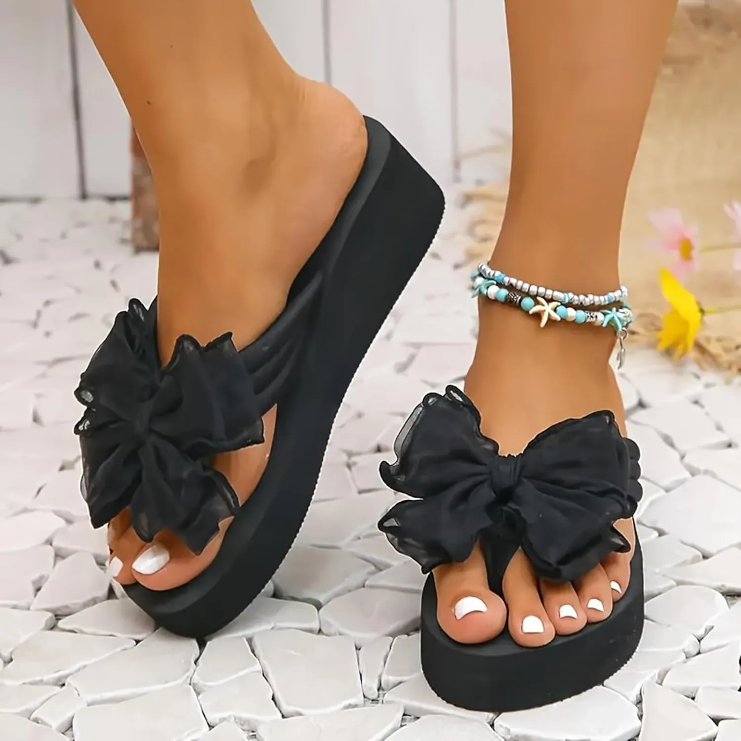 Womens Slip On Flip Flops Bow Beach Summer Gladiator Flat Cute Dressy Summer Sandals