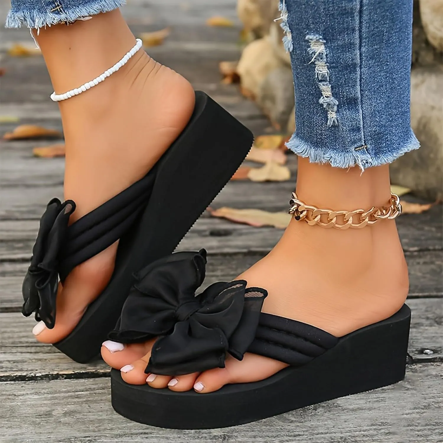 Womens Slip On Flip Flops Bow Beach Summer Gladiator Flat Cute Dressy Summer Sandals