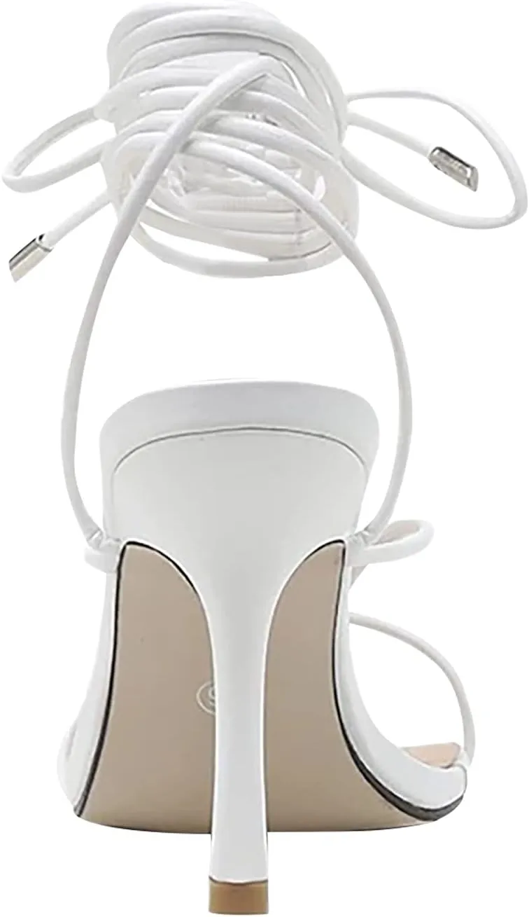 Women's Stiletto Heel Lace-Up Sandals,Summer Fashion Narrow Band Square Toe High Heels Cross Strap V Shape Shoes
