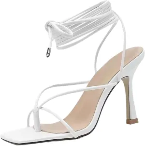 Women's Stiletto Heel Lace-Up Sandals,Summer Fashion Narrow Band Square Toe High Heels Cross Strap V Shape Shoes